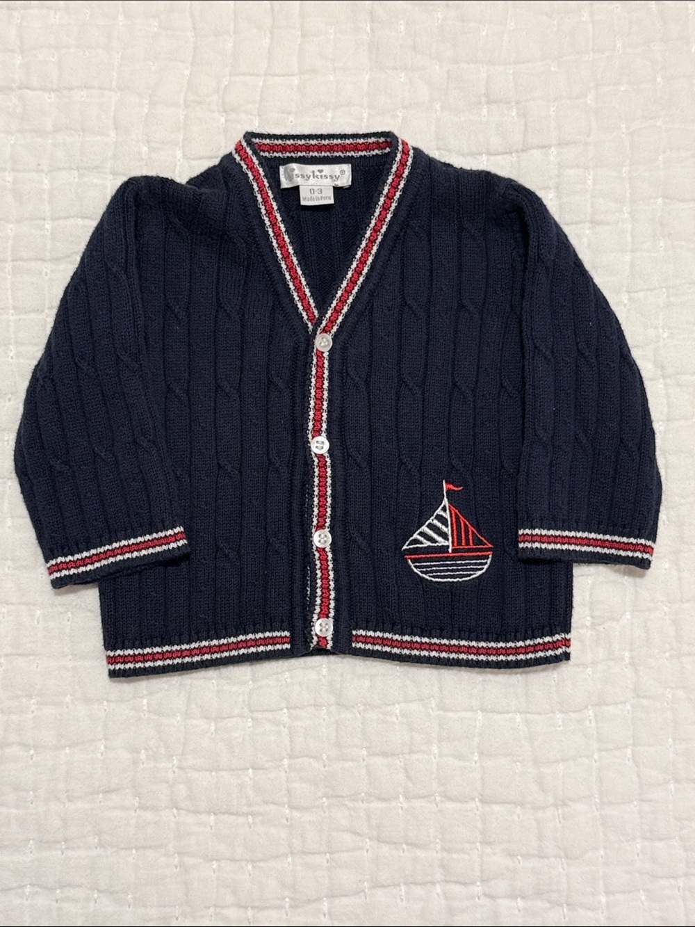 Kissy Kissy Navy Cardigan with Red & White Trim and Sailboat Embroidery sz 0-3m